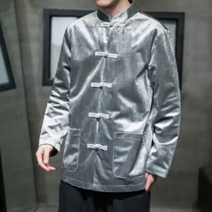 Men Velvet Long Sleeve Shirt Jacket Frog Button Blouse Top Mandarin Collar Retro - Picture 1 of 11