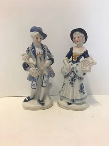 Vintage Blue & White Porcelain Colonial Man w/ Lute & Woman w/ Lyre Figurines - Picture 1 of 12