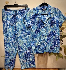 Lauren Ralph Lauren 2 PC Lounge Set Pants w Button Front Short Sleeve Top Medium - Picture 1 of 6