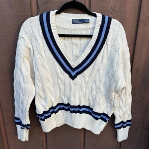 Polo Ralph Lauren Damen Iconic Cricket Pullover mit Zopfmuster Größe M Creme Navy - Bild 1 von 7