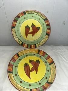 Set Of 2 Hot Peppers Plate/Bowl by Emerald Yellow, Green, Red 10.5" Handpainted - Picture 1 of 4