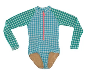 Crewcuts Girls One Piece Rashguard Swimsuit Plaid Half Zip UPF 50+ Size 8 - Picture 1 of 6