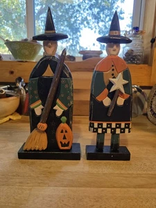 Vintage Illona Steelhammer Folk Art Wooden Witch Figures Halloween Pair - Picture 1 of 11