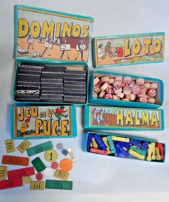 Lot de 4 Boites Ancien jeu de société la PUCE+LOTO+HALMA+DOMINOS - Photo 1/4