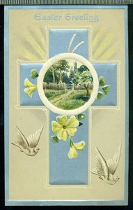 OSTERGRUSS Kreuz hält Land Szene Tauben Kreuz Blumen Vintage Postkarte - Bild 1 von 1