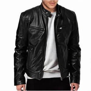 Cafe Racer Men's Leather Jacket Genuine Sheep Skin Motorcycle Biker Black Jacket - Picture 1 of 6