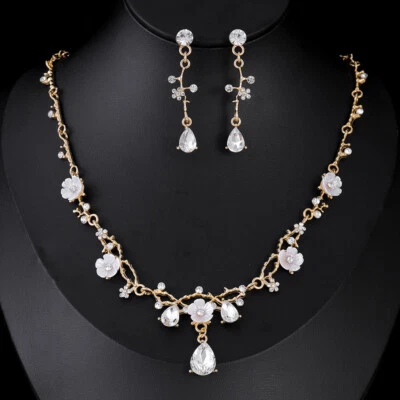 Juego de joyas collar pendientes lágrima diamantes de imitación flor resina blanca oro/plata Foto 1 de 3