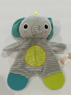 Bright Starts Gray Green Plush Elephant Baby Teether Toy Crinkle Lovey Security - Image 1 of 3