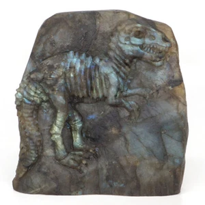 4" Natural Gems Labradorite Crystal Dinosaur Skeleton Carved Figurine Decor #350 - Imagen 1 de 8