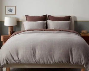 Parachute Windowpane Cotton Gauze KING Duvet Cover and Shams ~ Raisin Brown NWT - Picture 1 of 10