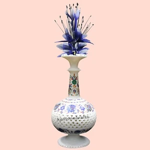 12" Height White Marble Decorative Flower Vase Inlaid with Semiprecious Stones - Picture 1 of 6
