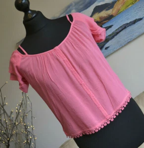 SUPERDRY Womens Top Peek a boo Light Crop SS Summer Sugar Coral Pink Sz XS UK 8 - Picture 1 of 8