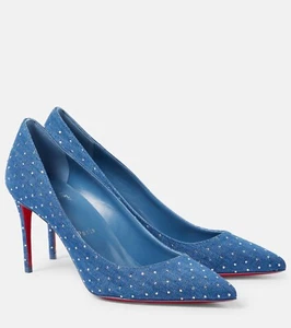 Christian Louboutin KATE PLUM STRASS 85 Crystal Denim Heels Pumps Shoes $1095 - Picture 1 of 8