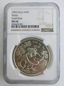 1992 1 oz China Silver panda NGC MS66 Small date 10 yuan Chinese coin - Picture 1 of 2