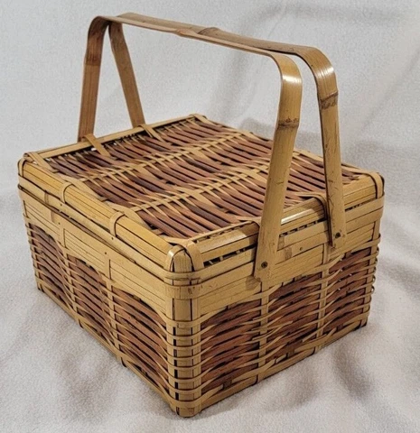 Vintage Square Picnic Basket Lunch Natural Brown Bamboo Japan 12" x 10" Cover