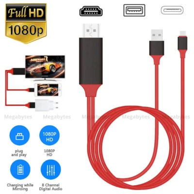 Adaptador HDMI Espejo AV Cable Teléfono a TV HDTV 1080P Para iPhone 14 13 12 11 XR Foto 1 de 4