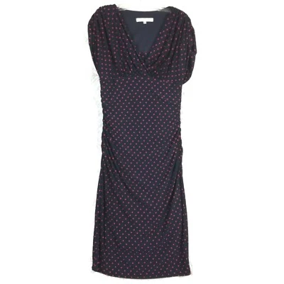 Evan-Picone Womens Dress Midi Sheath Navy Red Polkadot Cowl Sleeve Rouched 8 New - Image 1 of 4