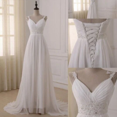 Beach Wedding Dresses Chiffon Spaghetti Straps Lace Up A Line Beaded Bridal Gown - Image 1 of 4