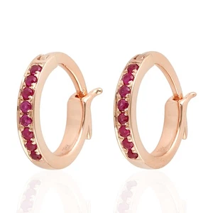 Minimal 18K Rose Gold Natural Ruby Gemstone Huggies Earrings Jewelry For Gift - Picture 1 of 6