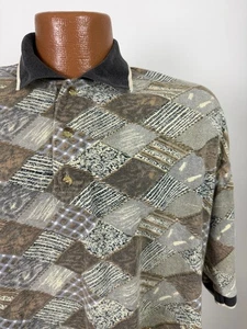 Vintage 90s Geometric Polo Shirt Men XL Diamond Abstract Hipster Beige Cotton - Picture 1 of 16