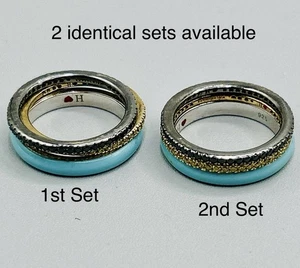Hidalgo Diamonique Sterling Enamel 3-pc Eternity Stack Rings Aqua/Blk/CZ Sz7 - Picture 1 of 7