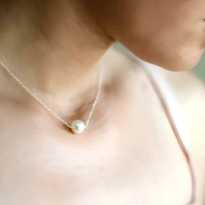 Gargantilla colgante de perlas 12 mm enchapada en plata 925 cadena de 40 cm boda Foto 1 de 4