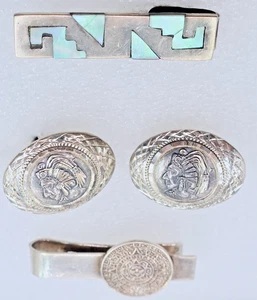 Vintage Mens Mexico Sterling Jewelry- Aztec Mayan or Sun Warrior Cufflinks, More - Picture 1 of 15