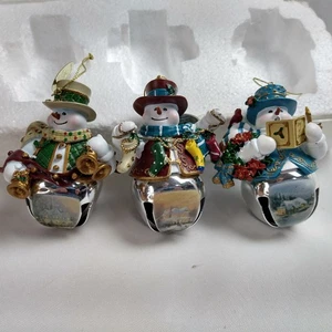 Set 3 Thomas Kinkade Snowman Christmas Bell Ornament Bradford Exchange - Picture 1 of 16