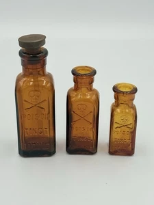 3 Tiny Antique POISON Bottles TINCT. IODINE Light Amber - Great Condition! - Picture 1 of 6