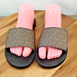 Michael Kors braune flache Damen-Sandalen MK Signature Pantoletten Klettverschluss Größe 7 - Bild 1 von 10