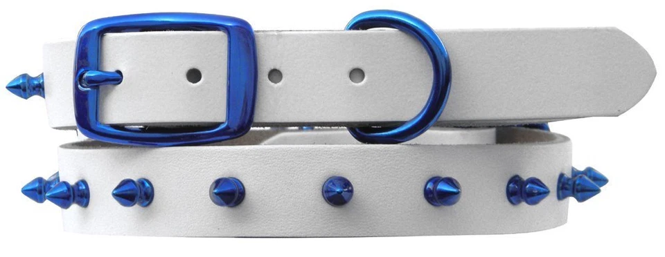 Collar de perro de cuero blanco genuino Platinum Pets con púas azules - 15" x 3/4" Foto 1 de 1
