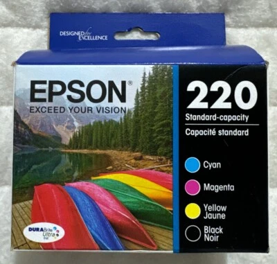Epson 220 Black Cyan Magenta Yellow Ink Set T220120-BCS Exp 11/2025+ Retail Box - Image 1 of 4