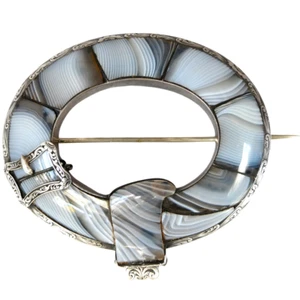 Antique Victorian LARGE Sterling Silver SCOTTISH MONTROSE AGATE GARTER BROOCH - Bild 1 von 9