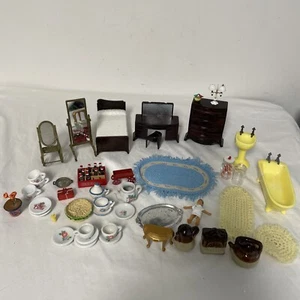 VTG Doll House Furniture & Accessories Lot 40+ Items PLASCO TOY, Dishes Rugs - Picture 1 of 16