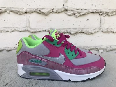 Girls Air Max 90 GS Wolf Grey Metallic Platinum Flash Lime Grey 345017-021 US 4Y - Photo 1/4