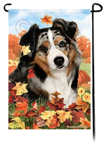 Falling Leaves Garden Flag - Blue Merle Australian Shepherd - Picture 1 of 1
