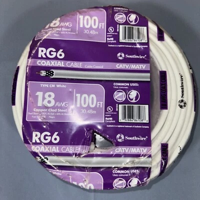 Bobina de cable coaxial Southwire RG6-Dual Shield 18 AWG blanco 100 pies Foto 1 de 3