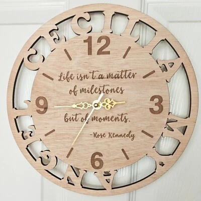 custom personalised laser cut engraved wood wooden clock name word number letter - Image 1 of 4