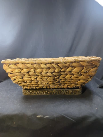 Vintage rectangle BASKET braided Woven Grass w metal floral base rare unique Cover