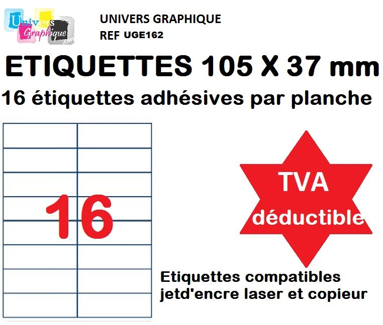 Feuilles A4 de 16 étiquettes 105 x 37 mm Etiquette autocollante 105x37.1 - 3484 - Photo 1/1