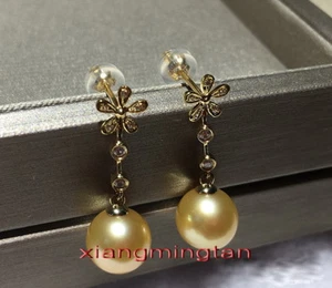 Top real round 18K GOLD 12-13MM NATURAL SOUTH SEA GOLDEN PEARL Dangle EARRINGS - Picture 1 of 5