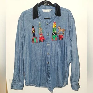 Camisa vaquera vintage de manga larga bordada de fiesta navideña talla grande - Imagen 1 de 11