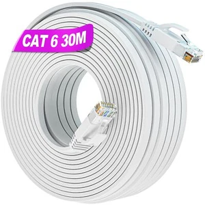 Cable Ethernet 30m Cat 6 Cable RJ45 Plat 30m Blanc Câble Réseau Extérieur UTP... - Afbeelding 1 van 6