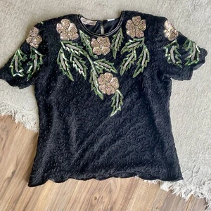 Vintage Lawrence Kazar Silk Sequin Beaded Black Flower Evening Top Size L - Picture 1 of 10