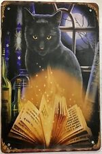 TIN SIGN 8x12 Black cat superstition magic spells witchcraft book potions moon