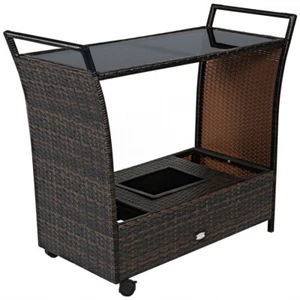 Patio Rattan Rolling Bar Serving Cart Storage Wicker Table W/Glass Top & Handle - Picture 1 of 15