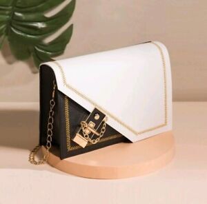 Black White Crossbody Bag Handbag Gold Contrasting Stitch New PU Leather Chain