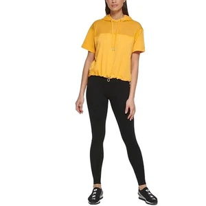 DKNY Sport yellow drawstrig pull over jacket Mesh Panel Short Sleeve Hoodie MED - Picture 1 of 5