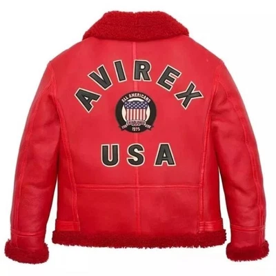 Men's Avirex Red Fur Shearling Biker Jacket Genuine Sheepskin Leather Jacket - Image 1 of 4