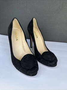 Prada Black Suede Peep Toe Pumps with Floral Detail – Size 37 6.5 Made in Italy - Picture 1 of 11
